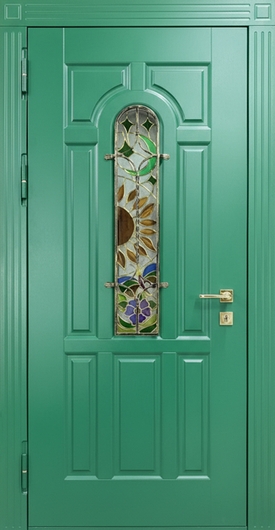Морозостойкая термодверь с витражным остеклением и панелями МДФ зеленого цвета (RAL 6029)