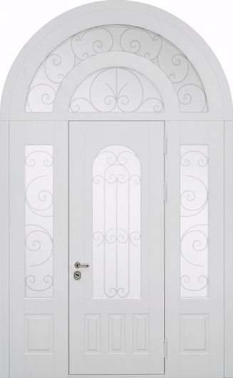 Арочная парадная термодверь с остеклением, ковкой и белыми панелями МДФ